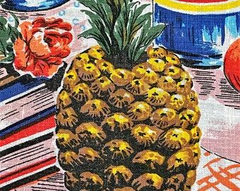 May include: A vintage illustration of a pineapple with green leaves on a pink and white checkered background. The pineapple is brown and yellow with a textured surface.