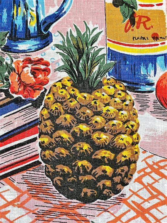 50's Romantic Dinner for ONE Tea Towel Vintage Fabric cocktails Pineapples Kitchen LInen
