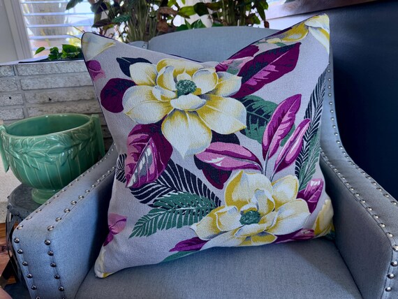 Cottage Magnolias Aubergine Orchid Purples Barkcloth Vintage Fabric Mid Century PILLOW
