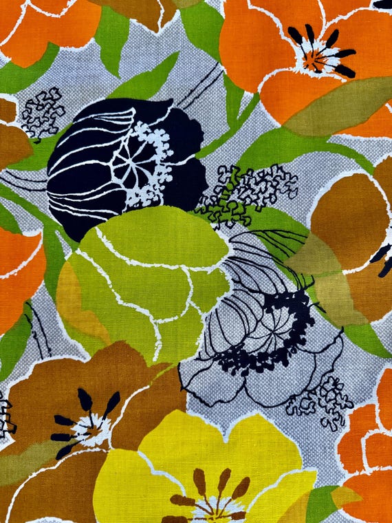 3YDS 1960's Citrus Sunshiny FLOWER POWER Upholstery Retro Vintage Fabric
