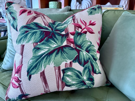Bamboo & Elephant Ear Caladium Hollywood Regency Barkcloth Vintage Fabric Mid Century PILLOW Cover