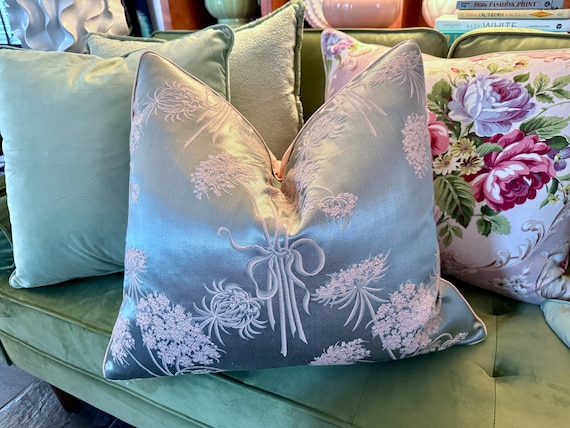 Luxe Panache Blush Queen Anne’s Lace on Silver Jade 1930's Hollywood Regency Art Deco Barkcloth Fabric PILLOW Cover