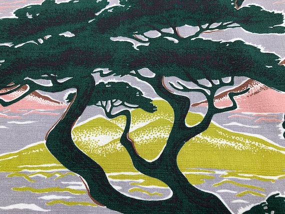 Mid Century Bonsai Trees Barkcloth Vintage Fabric Orig Old Stock 1950's Japanese Home