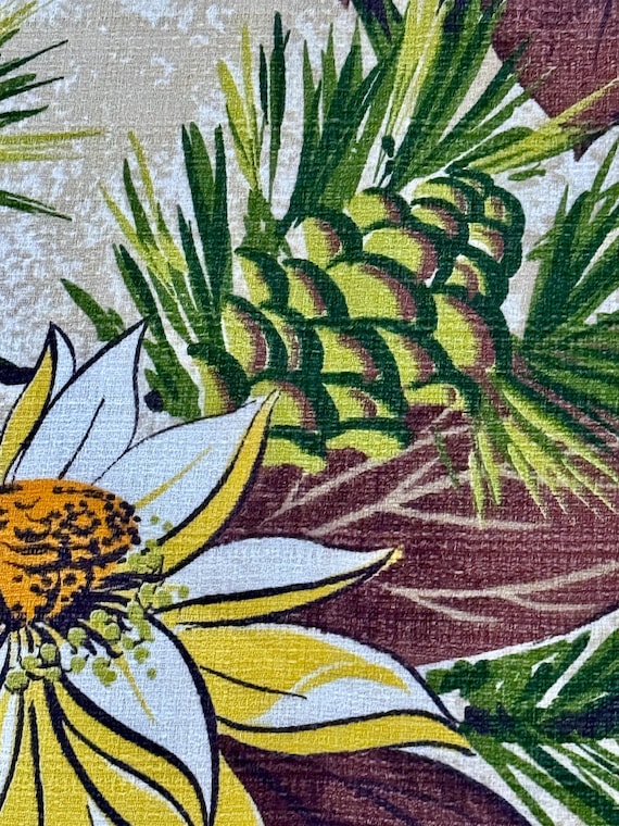 Golden LOTUS & Pinecones 1940’s Cabin Barkcloth V vintage Fabric Drape Curtain 2 Avail.