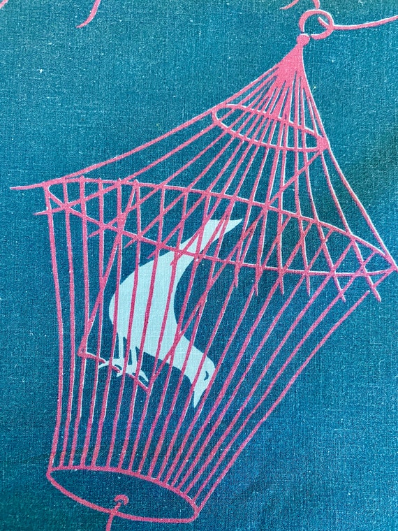 2.4YDS Floating Birds in Cages on Slate Gray Vintage Fabric Unused Novelty Yardage