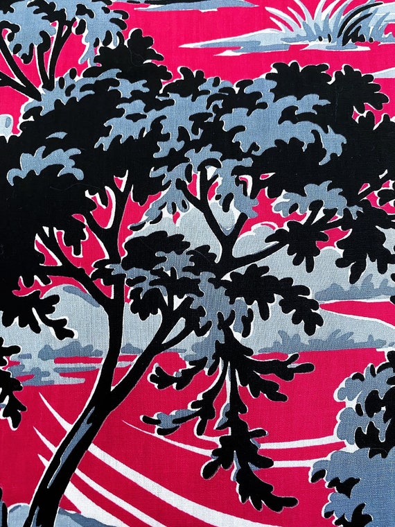 50's Scenic Woodlands Trees on RED Shirting Vintage Fabric Yardage