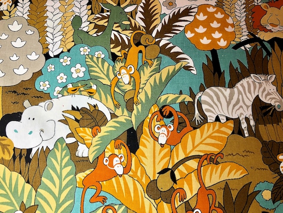 60's Childrens Safari Barkcloth Era Vintage Fabric Mid Century Upholstery Jungle Zoo Style 6YDS Available