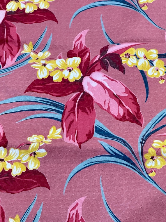 Leafy Nubby Coral Bubble Gum PINK Tropical Hawaiian Barkcloth Vintage Fabric 14YDS Avail.