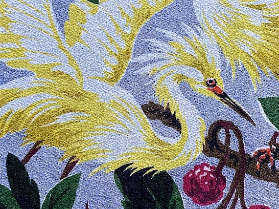 30's Rarest Miami Beach Swirling Yellow Egrets & Berries Barkcloth Vintage Fabric Yardage