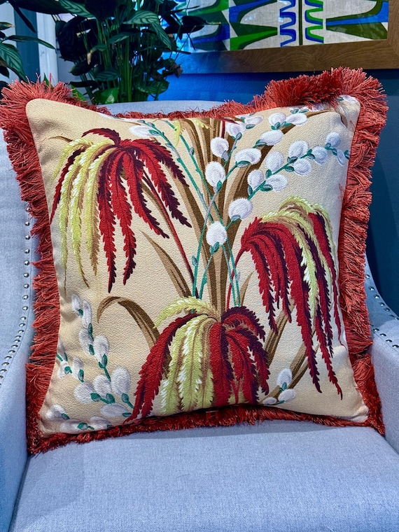 Art Deco Fountains of Pussywillows Brush Fringe Mid Century Barkcloth Fabric PILLOW