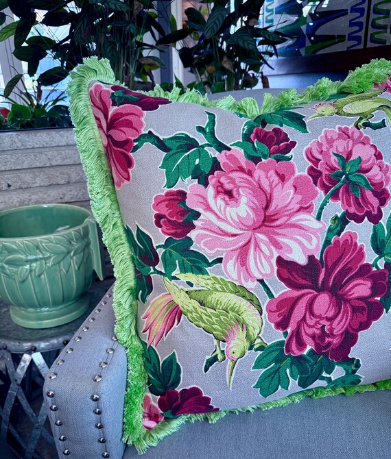 30's Juicy Blooms & Birds GLAM Mid Century Barkcloth Era Vintage Fabric PILLOW