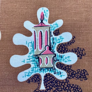 May include: A white abstract shape with a brown background. The shape has a stylized design of a building with a pink roof and a teal and black pattern.