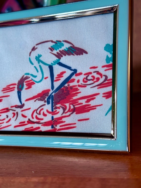 50's PAIR Miami Beach FLAMINGOS Pink & Aqua Custom Frame Vintage Fabric Art