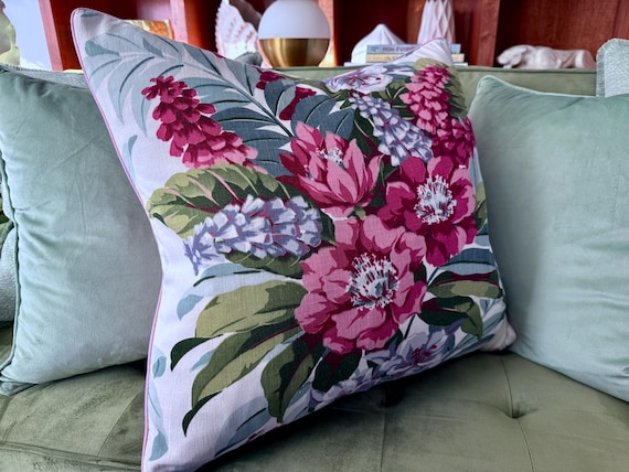Juicy Lupines & Roses Leafy Hollywood Regency Barkcloth Era Vintage Fabric PILLOW