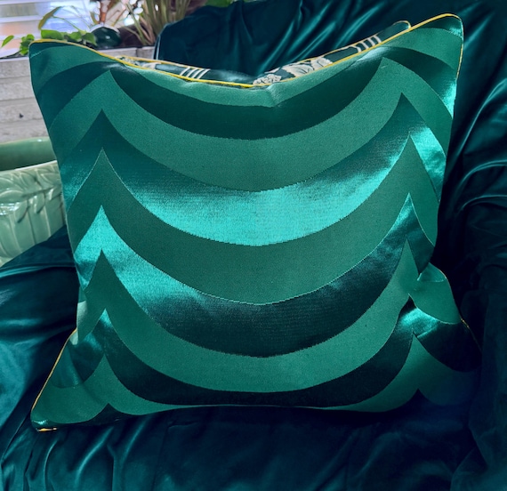 Deco Luxe Emerald Damask 1930's Art Deco Victorian Mid Century Barkcloth Fabric PILLOW