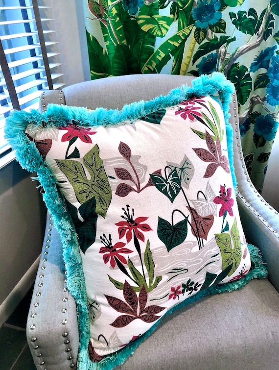 50's Leafy Hawaiian Tiki Aquaponic Garden Barkcloth PILLOW COVER Textile Art For Home Decor