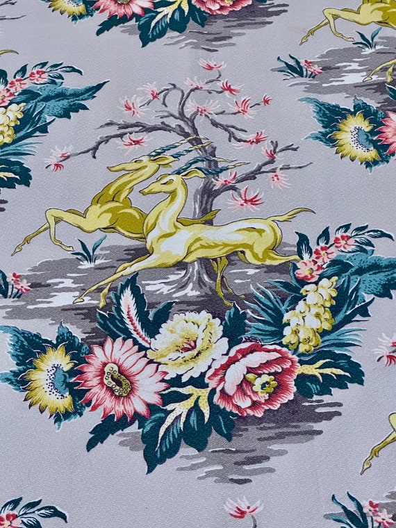 30's Art Deco MIAMI BEACH Leaping Gazelles Barkcloth Vintage Fabric Drape Curtain