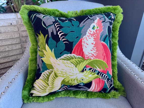 Cockatoos Hanging Round 30's Miami Beach Art Deco Mid Century Barkcloth Fabric PILLOW