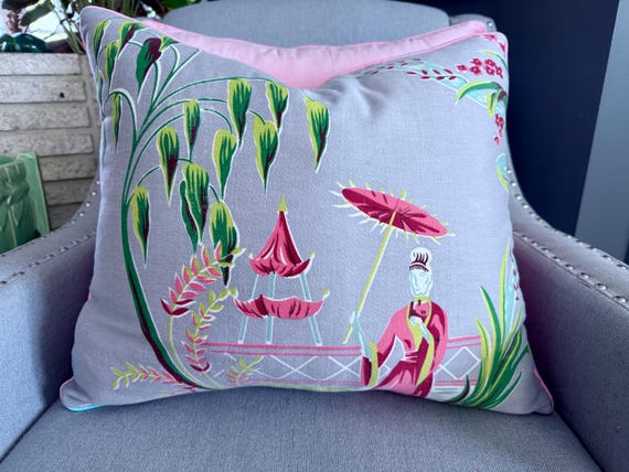1940's Pastel Oriental Gardens & Geisha Mid Century Barkcloth Vintage Fabric PILLOW