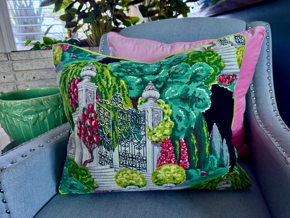 Cemetery Gates Statues Pastoral Mid Century Barkcloth Vintage Fabric PILLOW