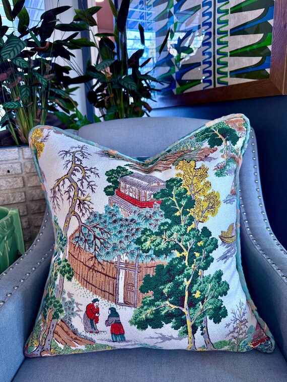 Ming Dynasty Chinois 50's Mid Century Barkcloth Vintage Fabric Reversible PILLOW