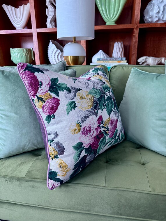 Glammy Aubergine Roses on White Hollywood Regency Barkcloth Vintage Fabric PILLOW & Insert