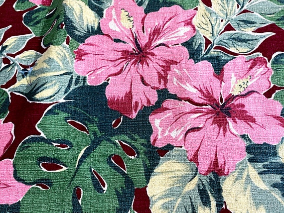 SWANK Island Hibiscus Barkcloth Vintage Fabric Drape Curtain 1930's Hawaii mts Miami Beach Mid Century