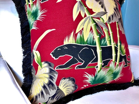 30’s Jungle Barkcloth Vintage PILLOW Panther & Palms in Red with Jungle South Beach Attitude for Home Decor 2 Avail.
