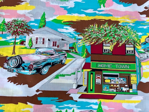 1950's Cityscape Thunderbird Mid Century Landscape Vintage Fabric Drapery