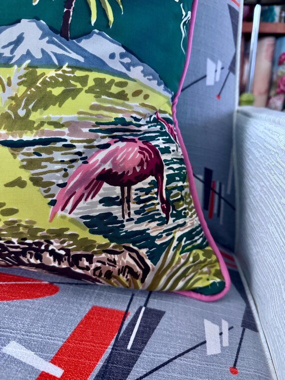 Flamingos & Banana Farmer HAWAII Art Deco Mid Century Barkcloth Fabric PILLOW