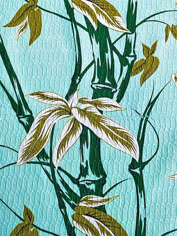 2+YDS Chartreuse Bamboo on Celadon Mint Barkcloth Vintage Fabric Yardage Unused Old Stock