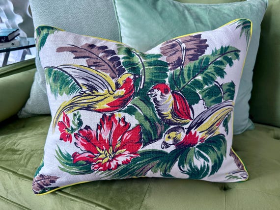 Parakeets Birds of a Feather! Miami Beach 1930’s Hollywood Regency Barkcloth Vintage Fabric PILLOW