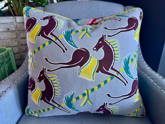 Leaping Show Horses 50's MIAMI Art Deco Mid Century Barkcloth Fabric PILLOW