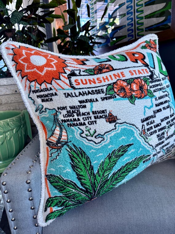 FLORIDA Beach Towel 1970's Miami Beach Mid Century Barkcloth Fabric PILLOW