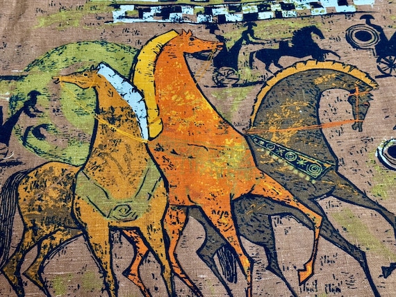 Brutalist Tibor Reich Etruscan Horses Chariots 1960's Linen Vintage Fabric 6YDS Avail.