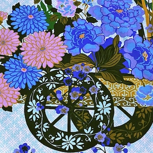 60er 70er orientalische Lotus Blumen Karren Vintage Stoff Meterware Mid Century 10YDS Avail.
