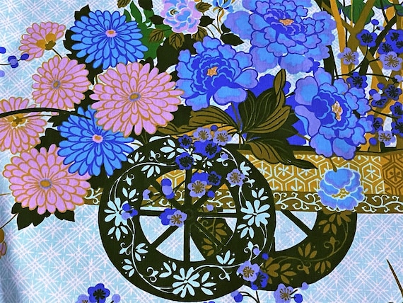 60's 70's Oriental Lotus Flower Carts Vintage Fabric Yardage Mid Century 10YDS Avail.