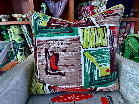 50's Funky Atomic Abstract Miami Beach Art Deco Mid Century Barkcloth Fabric PILLOW