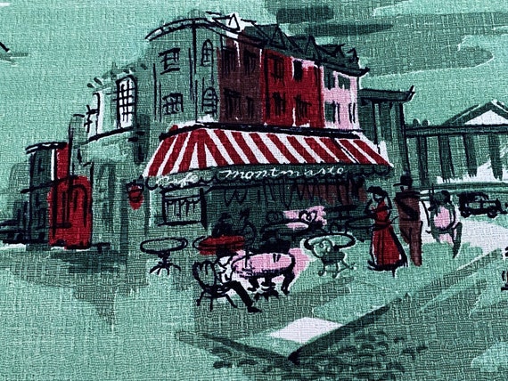 50's Paris Street Scenes Cafes Theater Barkcloth Vintage Fabric Yardage 8YDS Avail.