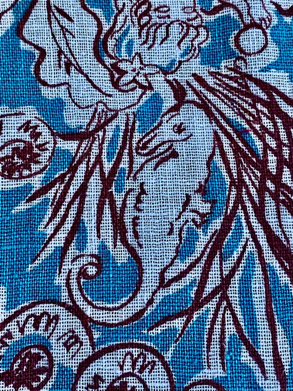 Rare Bubbling Florida 1950's Tourism MERMAID & SEAHORSES Collide! Vintage Fabric Novelty