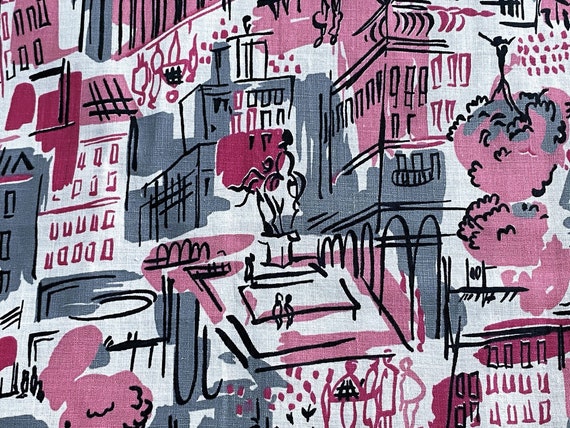 Mid Century NYC Abstract Cityscape Vintage Fabric 40's Architectural Platform Unused Yardage