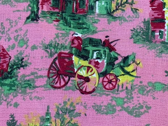 Toile Interlude with Bubble Gum! Fairy Princess Village Barkcloth Vintage Fabric 15YDS Avail.