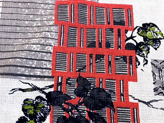 Atomic Asian Breeze Block Screens Barkcloth Vintage Fabric Tablecloth Yardage for Upholstery Pillows