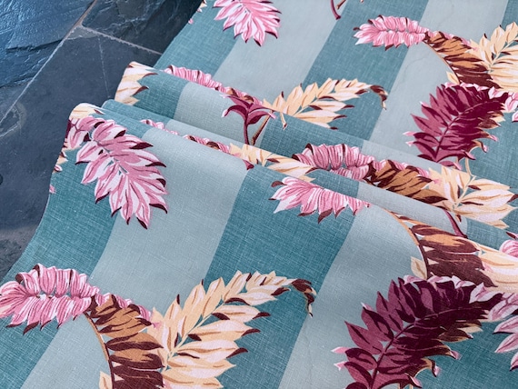 1930s Minty Wintergreen & Flamingo Pink Tropical Stripe Barkcloth Vintage Fabric 6YDS Avail.