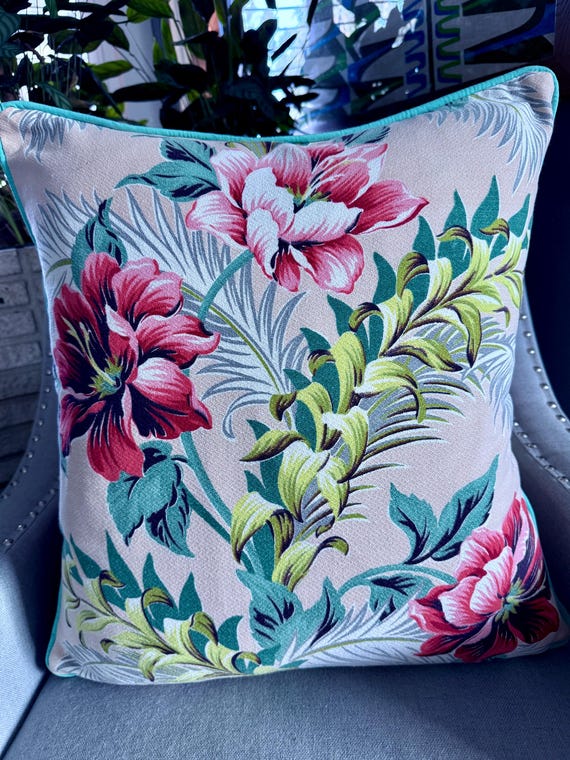 40's Hawaiian Gardens Tropical Floral Hibiscus Barkcloth Fabric Vintage Pillow