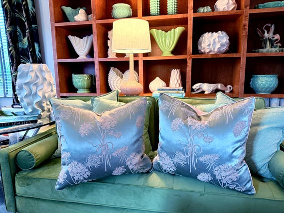 Blush Queen Anne’s Lace on Silver Jade 1930's Hollywood Regency Art Deco Barkcloth Fabric PILLOW