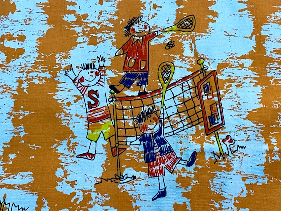 Tangerine TENNIS Anyone? Vintage 70's Fabric Unused Sports Novelty Yardage