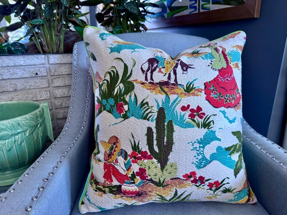 Siesta LIFE Mexican Kitsch 1950's Mid Century Barkcloth Vintage Fabric PILLOW