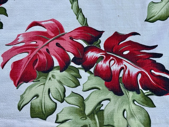 Candied Red Monstera Leaf 1940's Barkcloth Vintage Fabric Curtain Drape 4 Avail.