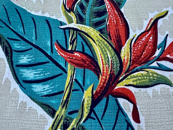 Miami Beach POPS of Turquoise! Birds of Paradise Barkcloth Vintage Fabric for Upholstery Pillows Home Decor
